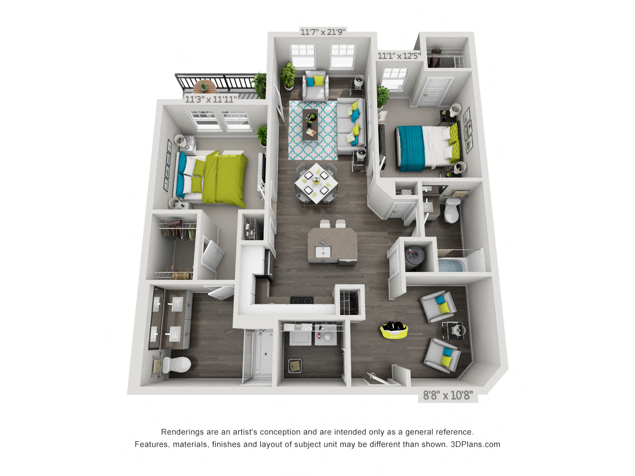 Floor plan for 2 beds, 2 baths, 1141 sqft